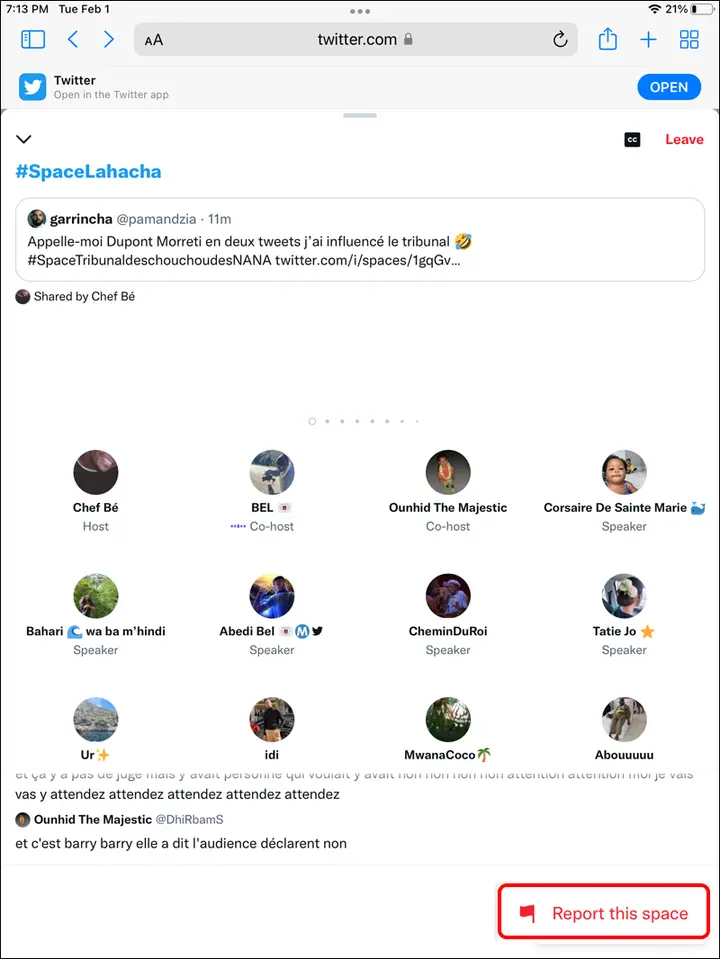 2. Como informar a un usuario en los espacios de Twitter en iPad