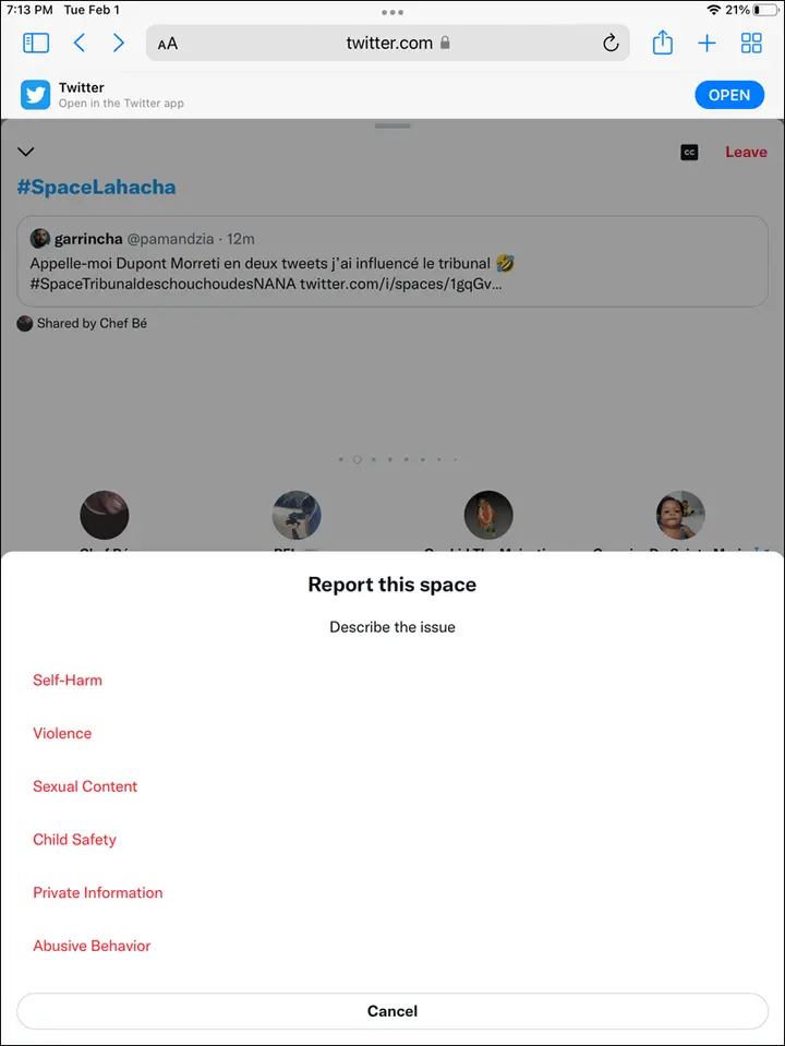 3. Como reportar un usuario en los espacios de Twitter en iPad