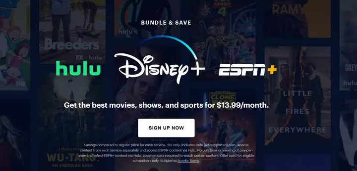 Página del paquete de Hulu, Disney+ y ESPN+