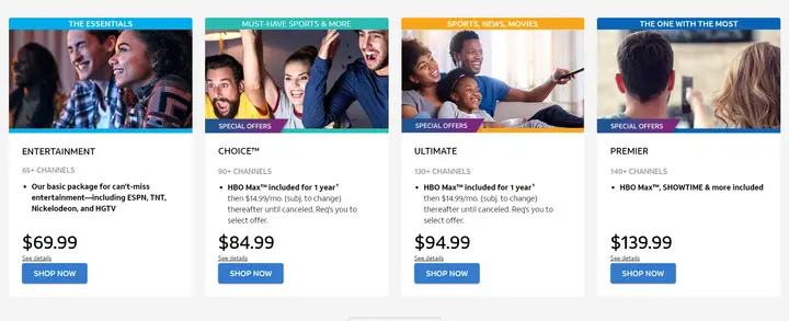 Página de precios de AT&T TV Now