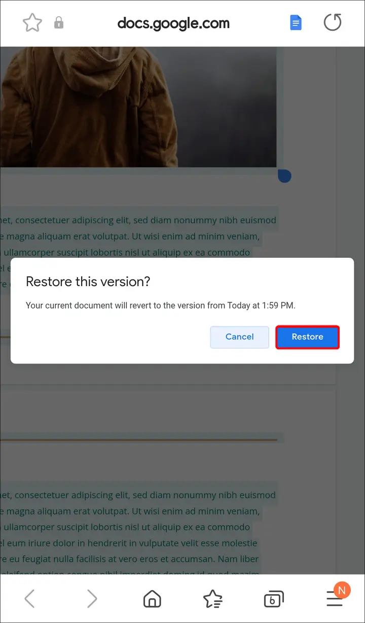 Revertir a la version anterior de un Google Doc en un Android 6