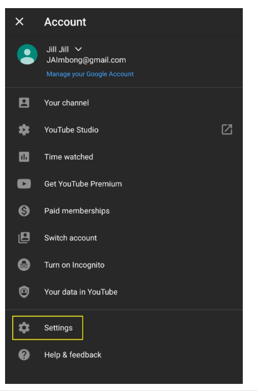 Menú Cuenta de YouTube - Android