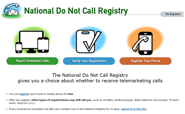 Registro Nacional No Llame de la FTC