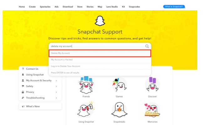 Barra de búsqueda de soporte de Snapchat