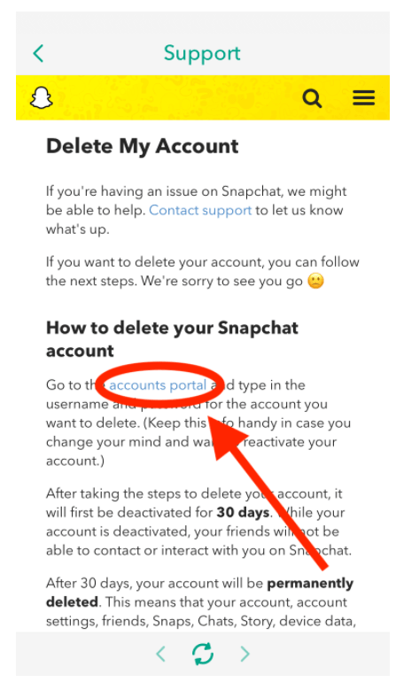 Aplicación Snapchat: página Eliminar cuenta