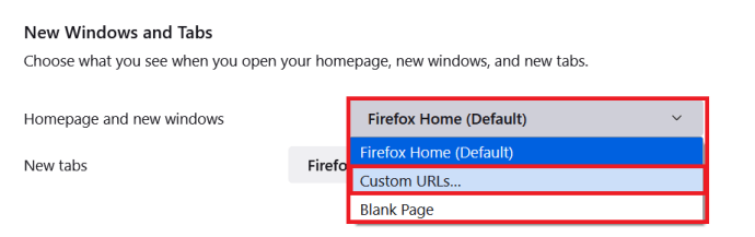 Configuración de Firefox - Menú de nuevas ventanas y pestañas