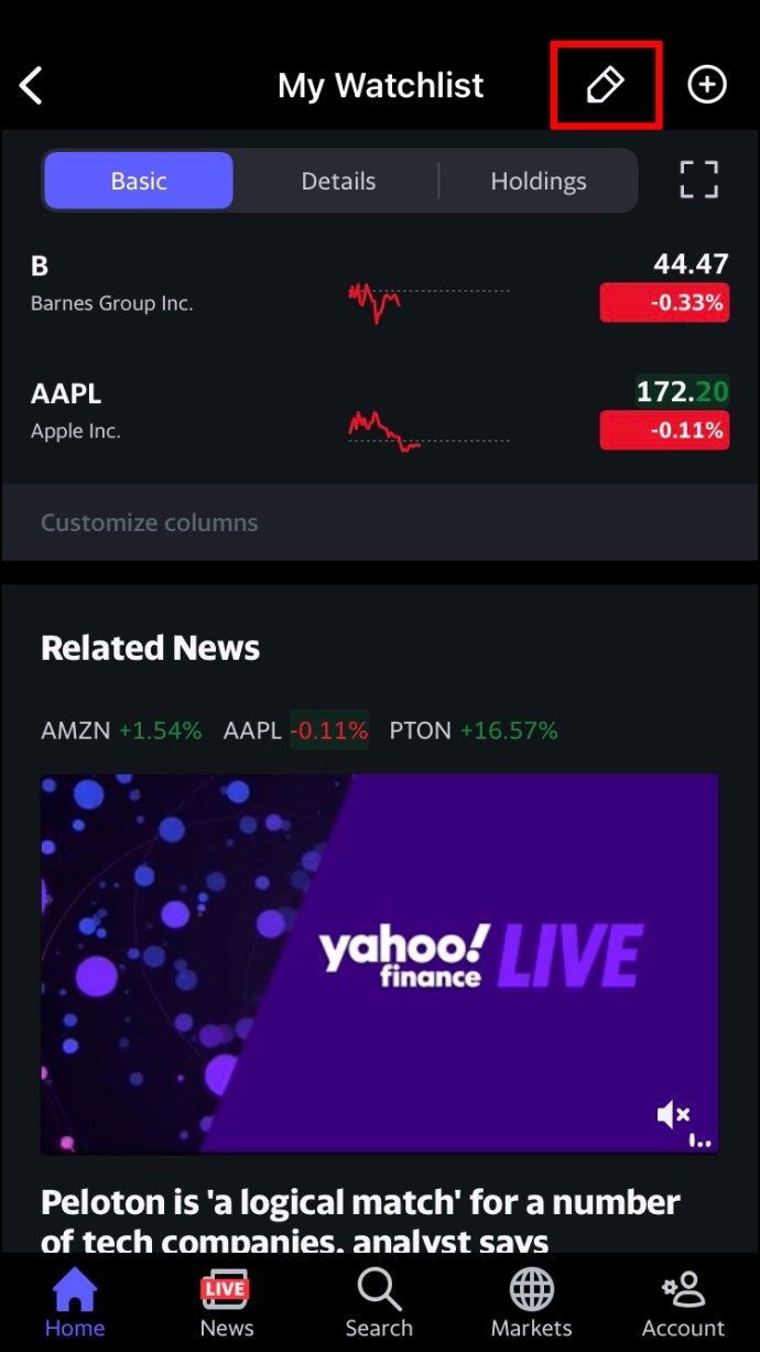 Como eliminar una accion en Yahoo Finance
