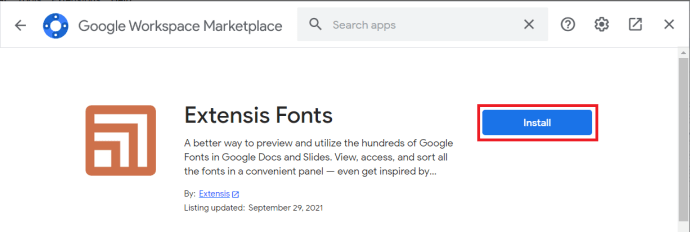 Página del complemento Google Docs Extensis