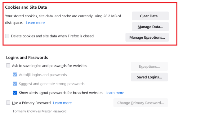 Página de privacidad y seguridad de Firefox 