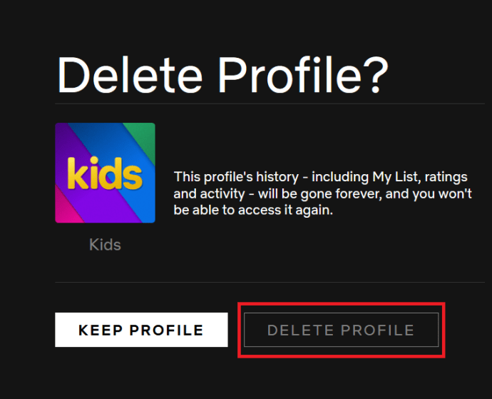 Página de confirmación de eliminación de perfil de Netflix