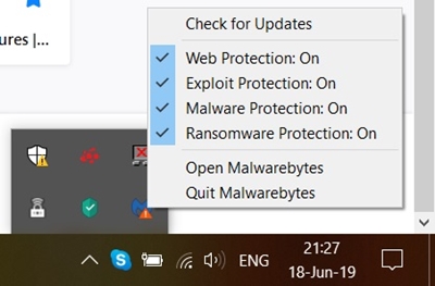 Bandeja de protección Malwarebytes