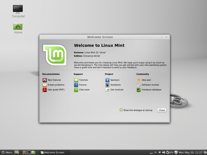 Una ventana de bienvenida amigable presenta a los recién llegados a Linux Mint